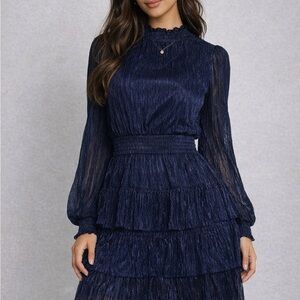 Express Navy Pleated Tiered Long Sleeve Dress Size Small